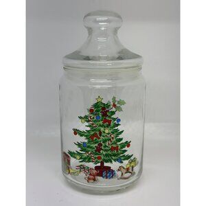 VTG Retro Christmas Tree & Wreath Clear Glass Lidded Cookie Jar w/ Seal Decor